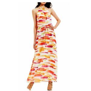 VINCE CAMUTO White Orange Multi Color Chain Halter Maxi Dress Size 4